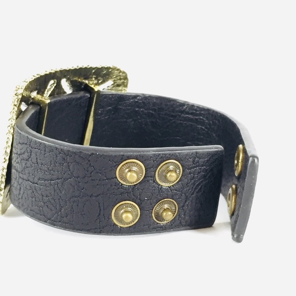 Black Faux Leather Bracelet Antiqued Gold Buckle - Picture 6 of 7